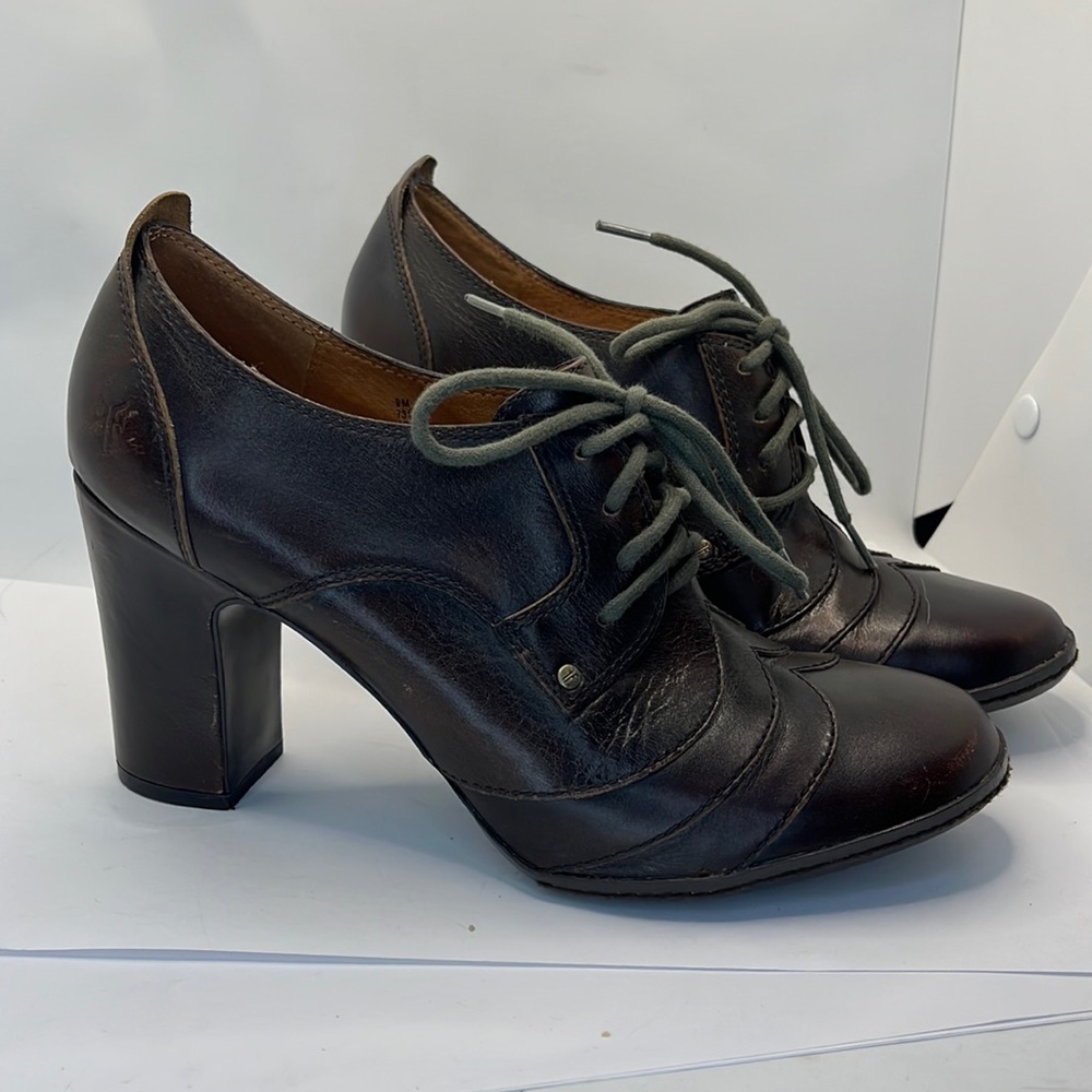 Frye Adrienne oxford heels ankle brown leather workwear retro academia